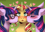 Size: 1748x1240 | Tagged: alicorn, artist:serodart, female, floating heart, glasses, heart, heart eyes, kissing, kiss on the cheek, kiss sandwich, lesbian, polyamory, pony, safe, sci-twi, scitwishimmer, self ponidox, shipping, shy, sunset shimmer, sunsetsparkle, sunset twiangle, twilight sparkle, twilight sparkle (alicorn), twolight, unicorn, wingding eyes
