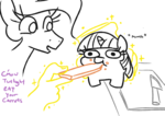 Size: 808x573 | Tagged: artist:jargon scott, carrot, dialogue, eating, food, glowing horn, hand, horn, knife, levitation, magic, magic hands, meme, ponified animal photo, ponified meme, princess celestia, safe, telekinesis, twiggie, twilight sparkle