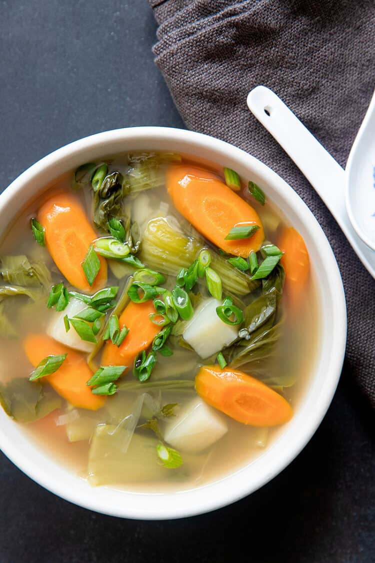 Overhead shot of a bowl of Instant Pot Vegetable Soup, a Whole30-friendly vegetable side!