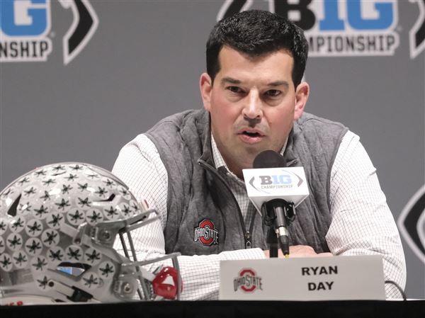 Ohio State head coach Ryan Day speaks during a news conference for the Big Ten championship NCAA college football game Friday, Dec. 6, 2019, in Indianapolis. (ASSOCIATED PRESS)