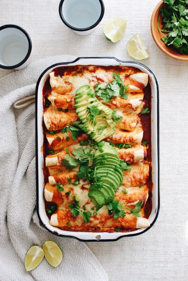 Shredded Pork and Hominy Enchiladas / Bev Cooks