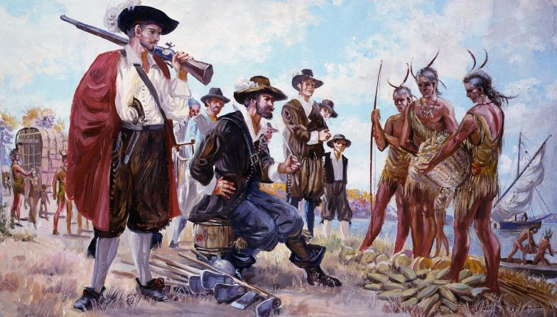 John Smith (sitting on barrel) explored Virginia's places and cultures between 1607-1609