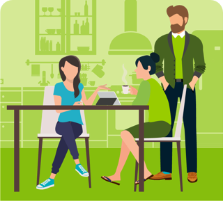 three people enjoying coffee at a table