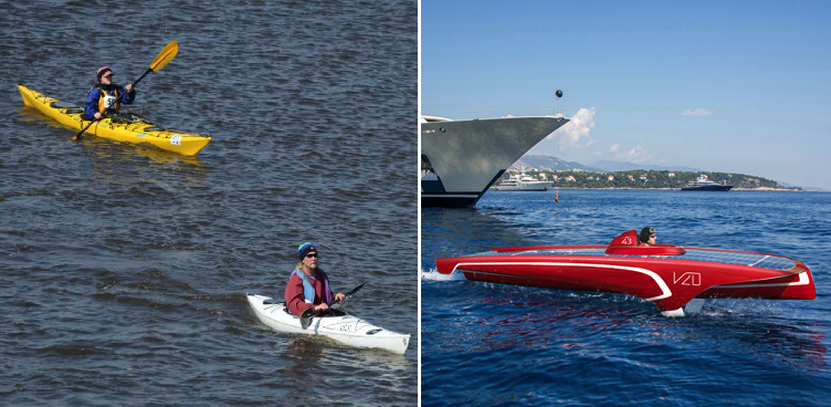 Lancha de motor que se siente bote gana carrera de kayaks