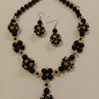 Handmade Black Pearl Golden Necklace Earrings Set