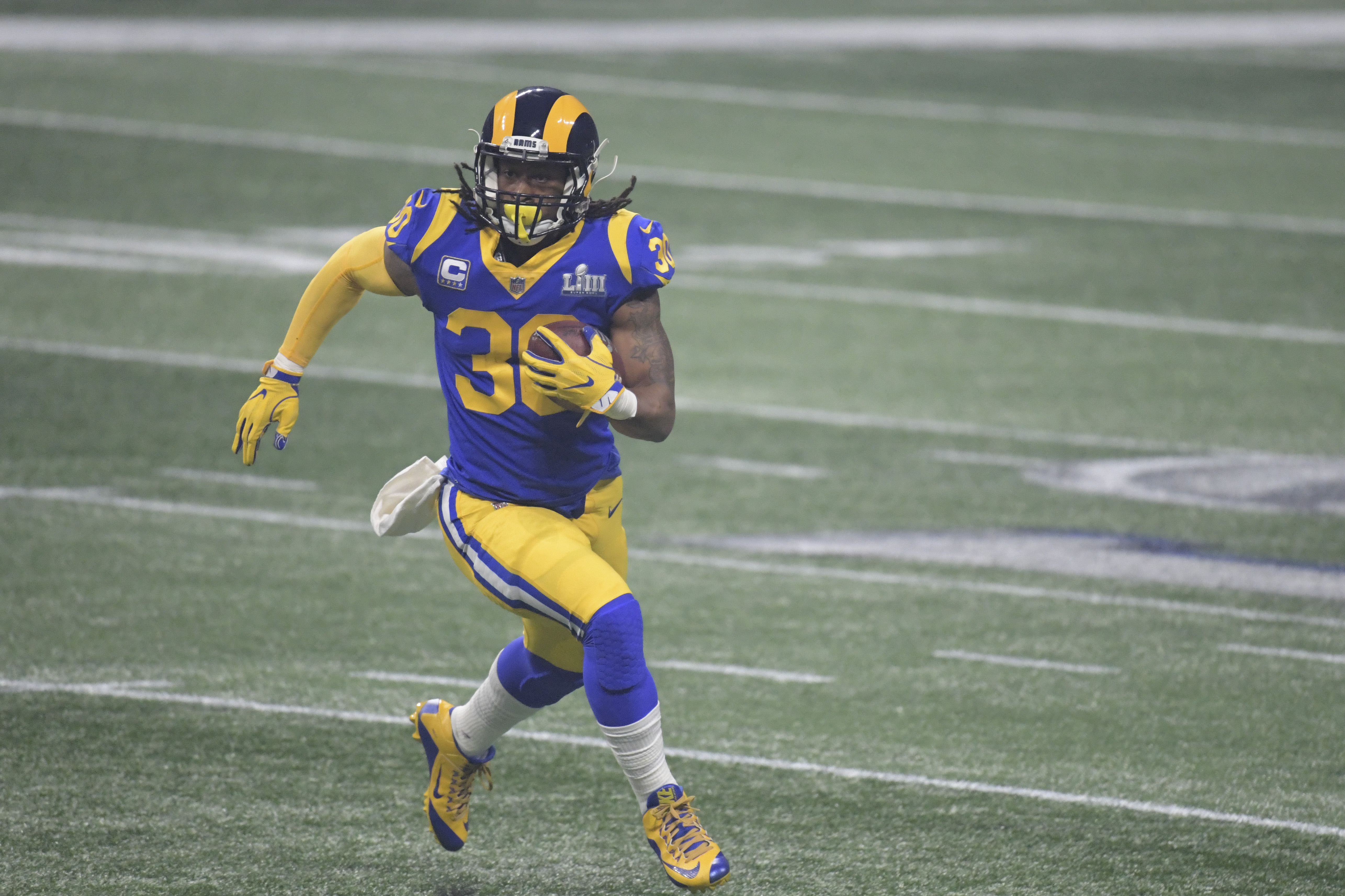 Los Angeles Rams RB Todd Gurley&rsquo;s knee in action during Super Bowl LIII, Feb. 3, 2019.