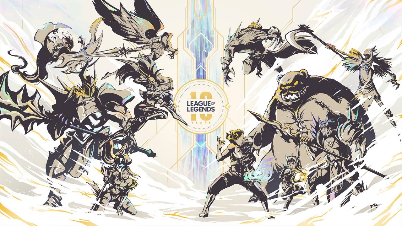 Several iconic League of Legends gather around the 10th anniversary logo for the game, in a gold and blue color scheme