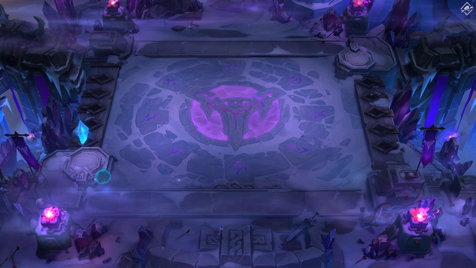 A Teamfight Tactics arena with a purple Frostguard theme