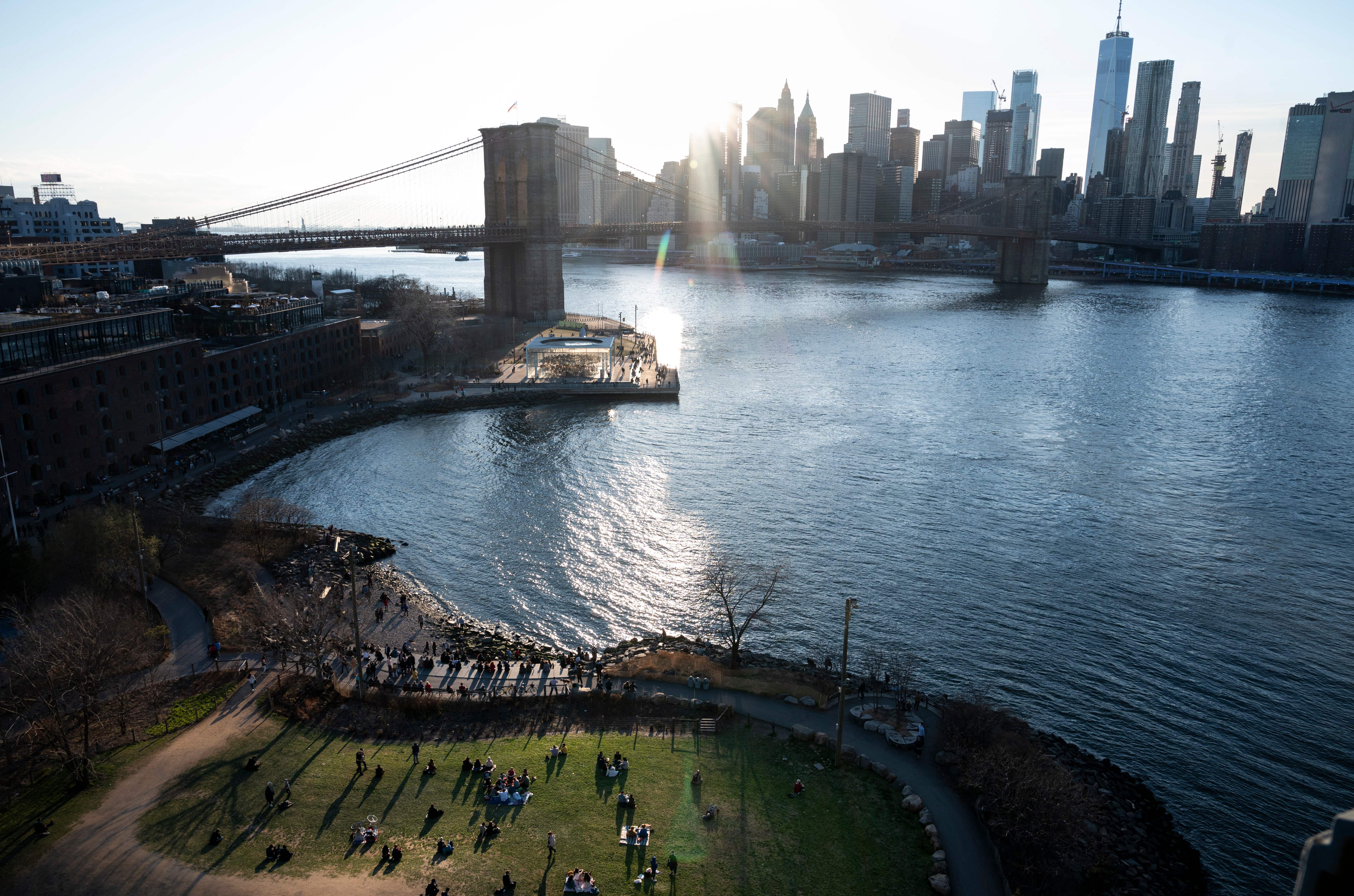 Brooklyn&rsquo;s new waterfront park at dusk.