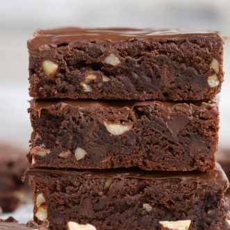 Stack of three brownies.