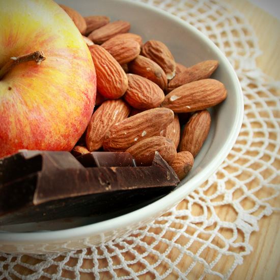 Bowl with magnesium-rich chocolate and nuts