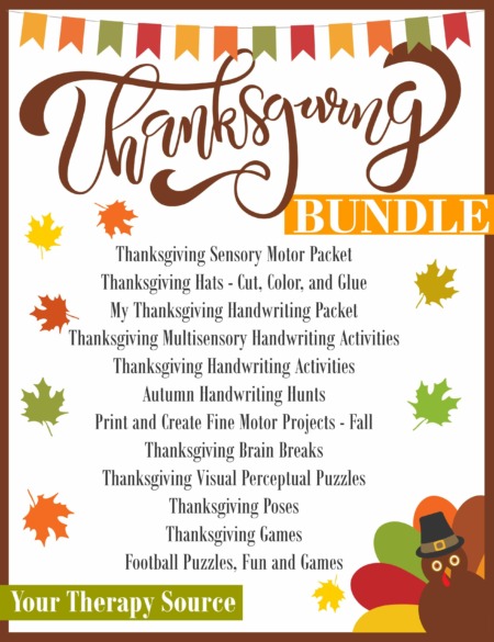 The Thanksgiving Sensory MotorBundleincludes 12 digital downloads that encourage fine motor, gross motor, visual perceptual and handwriting skills.
