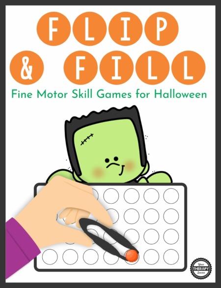 The Halloween Fine Motor Activities &ndash; Flip and Fill Game digital download includes 12 different Halloween-themed game boards to practice fine motor skills and encourage hand strengthening.
