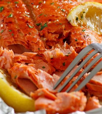 Salmon in foil, ready to be served.