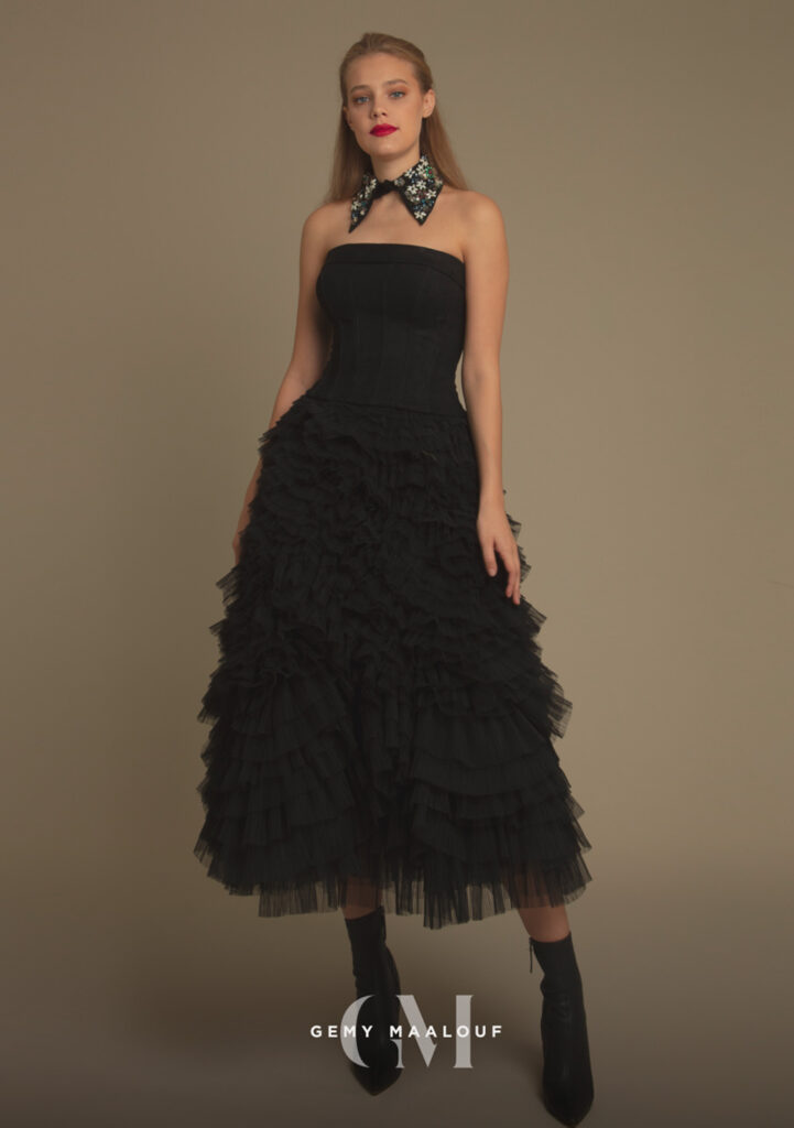 woman wearing gemy maalouf dress collection