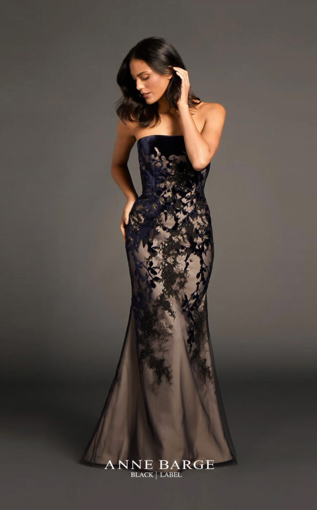 woman wearing anne barge black label couture collection