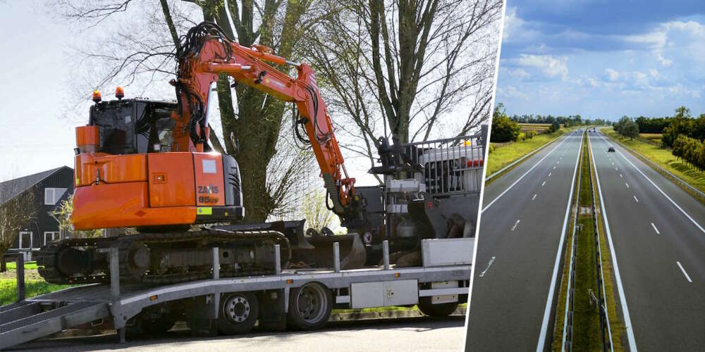 transport av skogsmaskin görs via tung lastbil och sl&auml;p