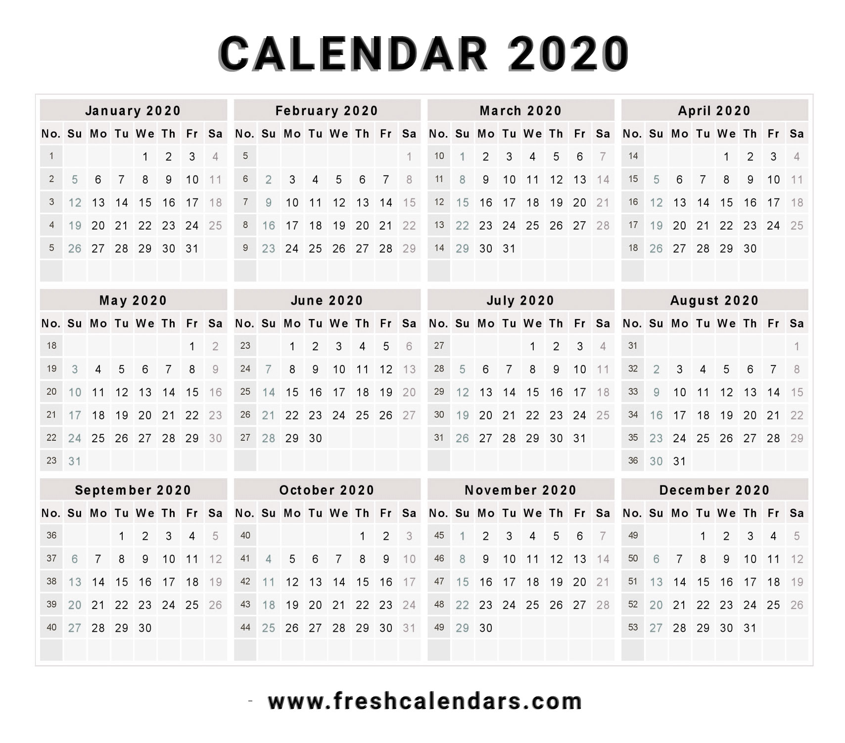 Calendar 2020 Free Template With Weeks