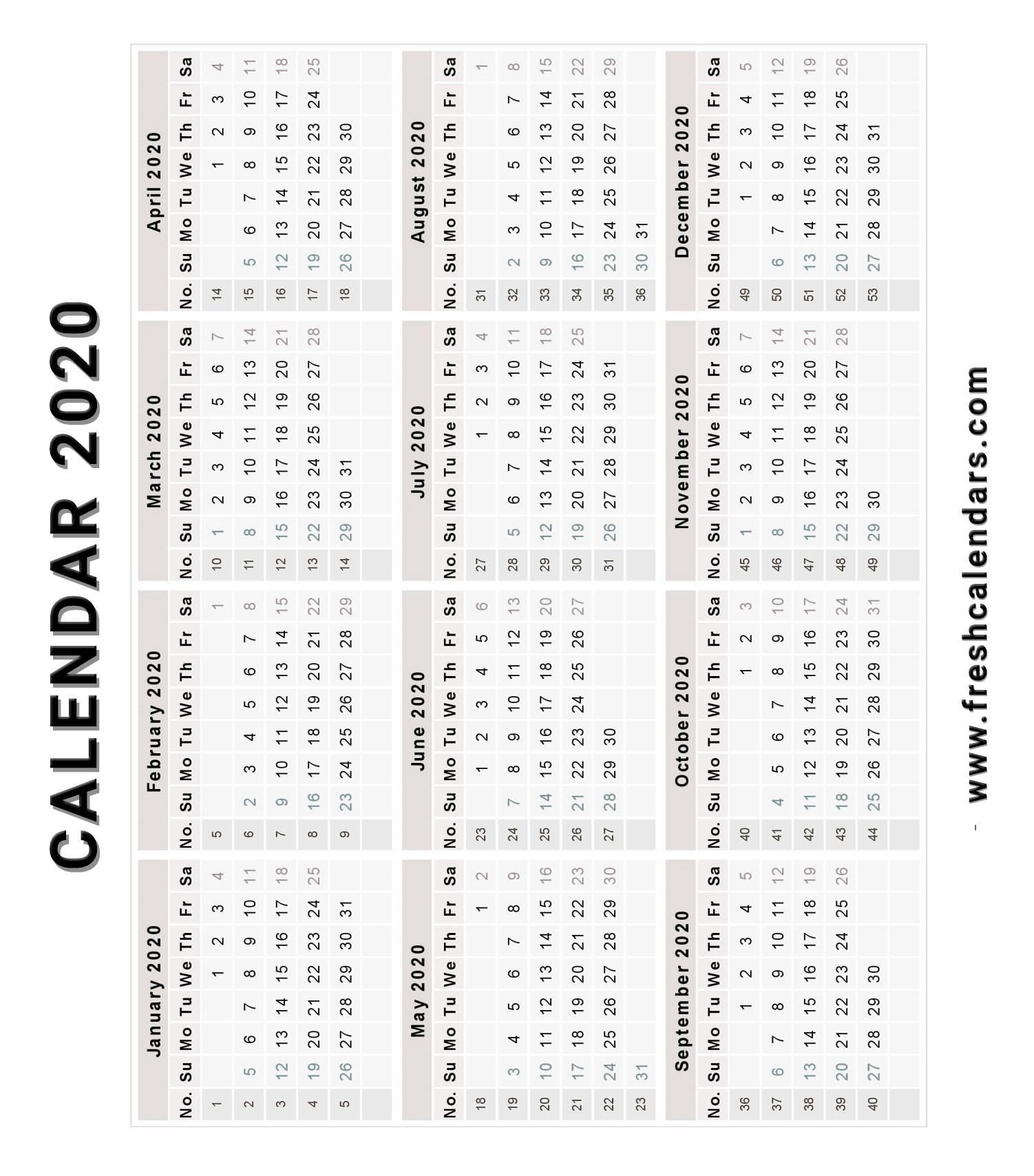 Vertical Calendar 2020 Free Template With Weeks