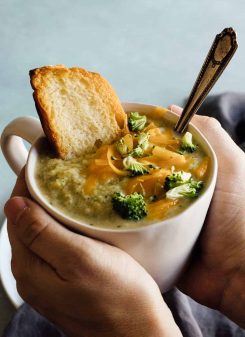 A lighter version of Thick and Creamy Broccoli Cheese Soup! A secret ingredient makes this soup secretly lighter, healthier and epically creamy!