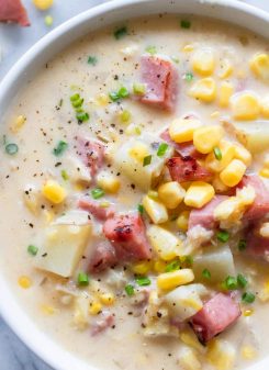 Close up of hearty corn chowder made with ham and potato.