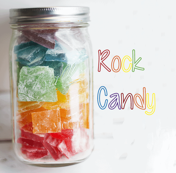 titled image - mason jar filled with homemade rock candy in various colors and flavors