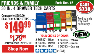 30 in. 4 Drawer Black Tech Cart