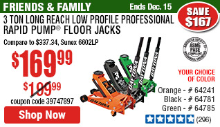 3 ton Long Reach Low Profile Professional Rapid Pump&reg; Floor Jack - Orange