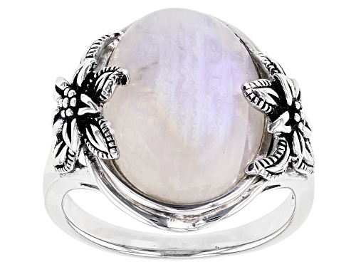 16x12mm Oval Rainbow Moonstone Solitaire  Rhodium Over Sterling Silver Floral Detail Ring - Size 7