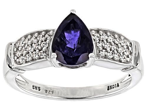 1.00ctw Pear Shape Iolite With 0.33ctw Round White Zircon Rhodium Over Sterling Silver Ring - Size 7