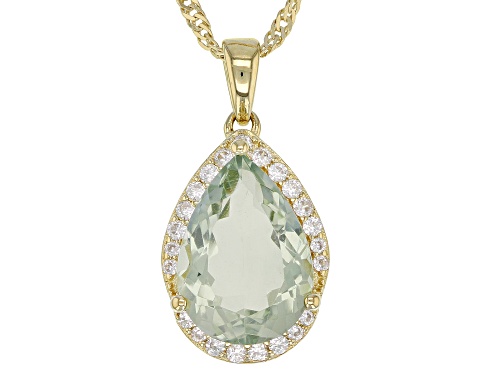4.25ct Pear Shape Prasiolite W/ .41ctw Zircon 18k Gold Over Silver Pendant W/ Chain