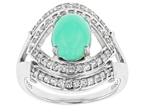 9X7MM OVAL GREEN OPAL WITH .40CTW ROUND WHITE ZIRCON RHODIUM OVER STERLING SILVER RING - Size 6