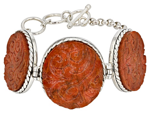 Southwest Style y JTV&trade; Oval Carved Indonesian Coral Sterling Silver Bracelet - Size 7