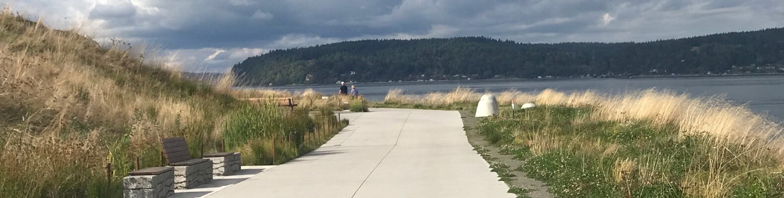 walkway with benches near water