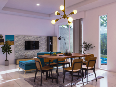 desain ruang keluarga dan dapur eklektik