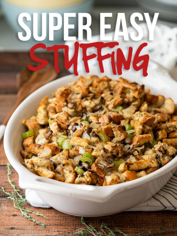 Enjoy this classic and easy Thanksgiving Stuffing Recipe alongside your roasted turkey! Filled with seasoned bread, onions, celery and mushrooms, this stuffing is the perfect addition to your holiday dinner table!