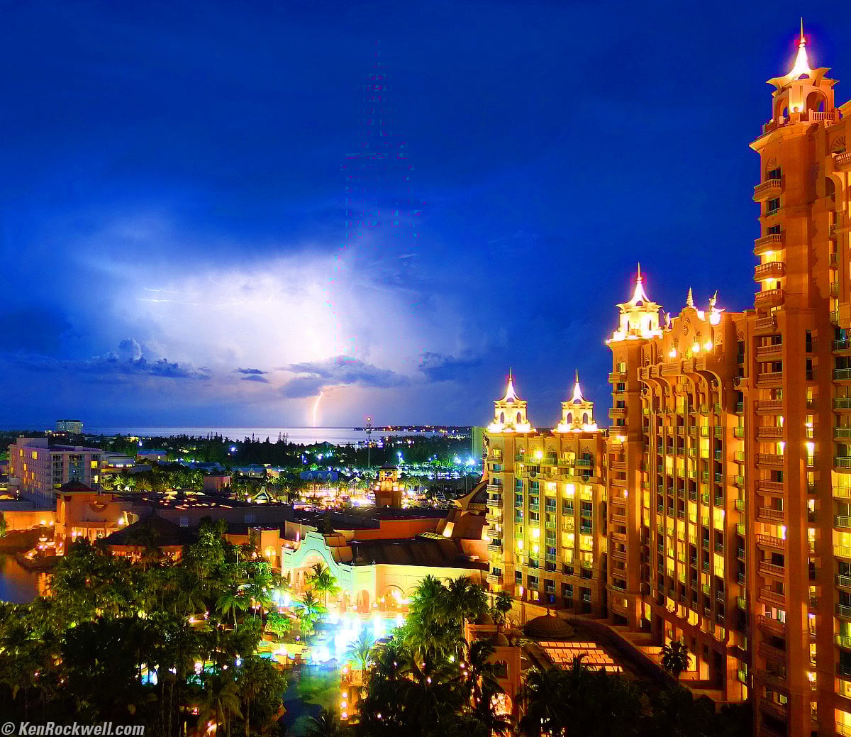 Lightning over resort at dusk