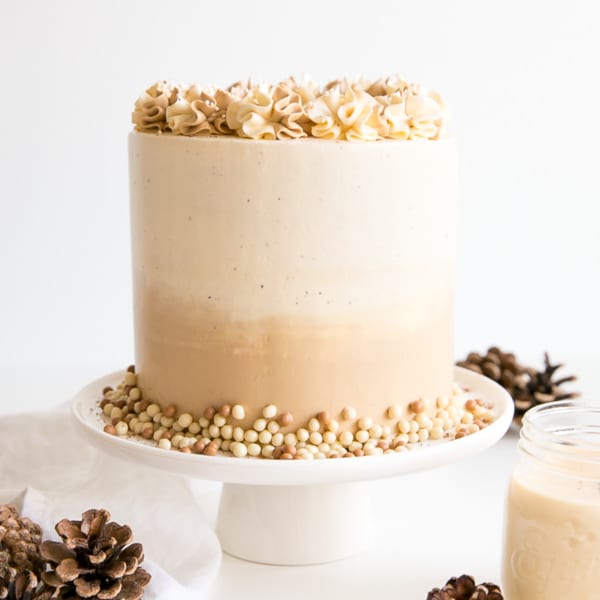 Eggnog Latte Cake! Transform a favourite holiday beverage into a decadent dessert with this Eggnog Latte Cake! Eggnog infused cake layers paired with eggnog and espresso buttercreams. | livforcake.com