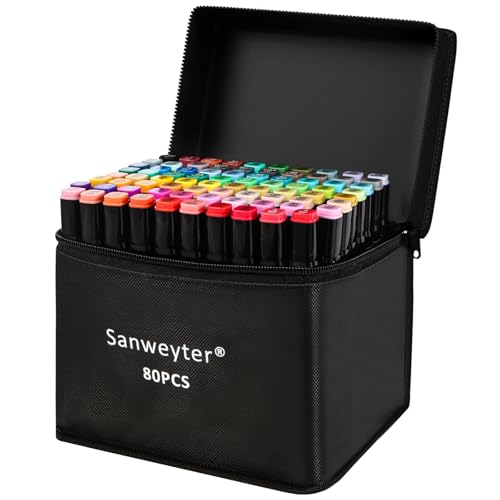 Sanweyter 80+3 Couleurs feutre &agrave; Alcool Set, Marker &agrave; Feutres Coloriage Adulte Double Pointe 2S S&eacute;chage Rapide Marqueur Alcool avec Pochette de Transport Pour Peinture Griffonnages Animation