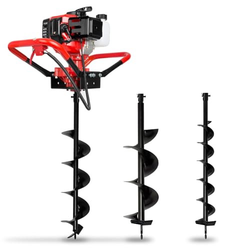 EBERTH Tari&egrave;re Thermique Foreuse de Terre Tari&egrave;re &agrave; Essence 3CV, 3 Forets de 100mm, 150mm, 200mm de Diam&egrave;tre Inclus, Grande Poign&eacute;e, 52ccm, Moteur 2 Temps, R&eacute;servoir de 1,2L, Embrayage Centrifuge
