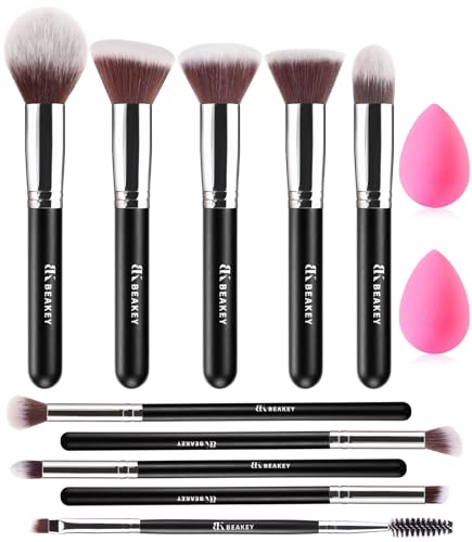 BEAKEY Pinceaux Maquillages Professionnel, Pinceau Maquillage Pour Fond de Teint Blush L'anti-cernes Fard &agrave; Paupi&egrave;res Poudre Libre, Avec Blender Eponge(10+2pcs, Noir/Argent)