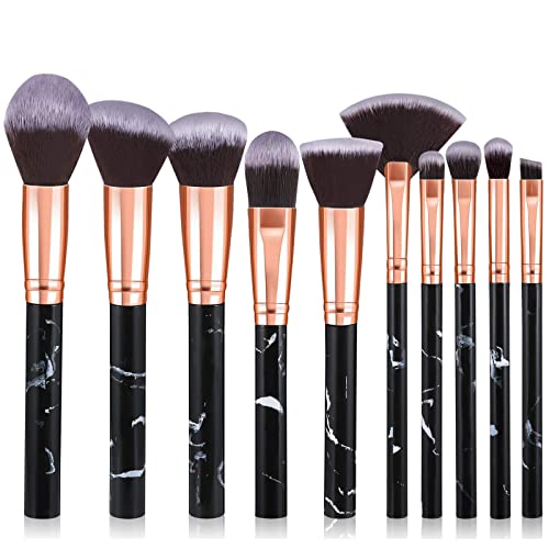 Pinceaux Maquillages 10 PCS Set, Noir et or Pinceaux Maquillages Professionnel pour Fond De Teint, Blush, fard &agrave; Paupi&egrave;res Poils Synthetiques Premium Doux et Sans Cruaut&eacute;