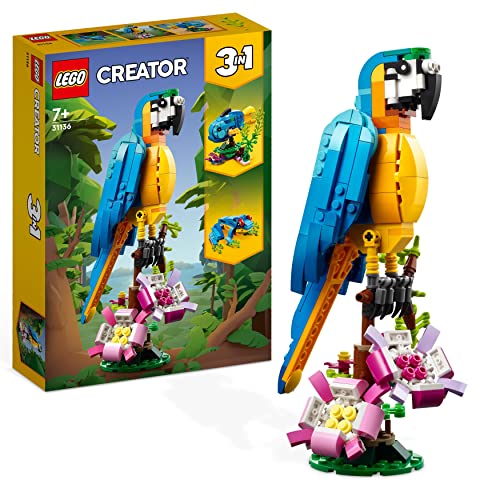 Lego 31136 Creator 3-en-1 Le Perroquet Exotique, Jouet de Construction, Figurines Animaux de la Jungle, avec Grenouille et Poisson, Jeu Cr&eacute;atif Enfants D&egrave;s 7 Ans