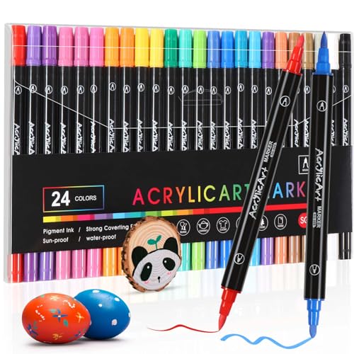 Diboniur 24 Couleurs Feutre Acrylique, Feutres Coloriage Adulte, Double Pointe Stylo Feutre Aquarelle, Acrylic Marker pour Coloriage, Dessin, Peinture, Textile, Calligraphie, Bois, Verre, Pierre