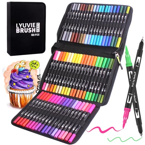 Lyuvie Feutre Coloriage,60 Stylo pour Enfant set Adultes,Feutre Pinceau Aquarelle Double Pointe 2mm et 0.4mm pour Dessin, Croquis,Cr&eacute;ation Artistique