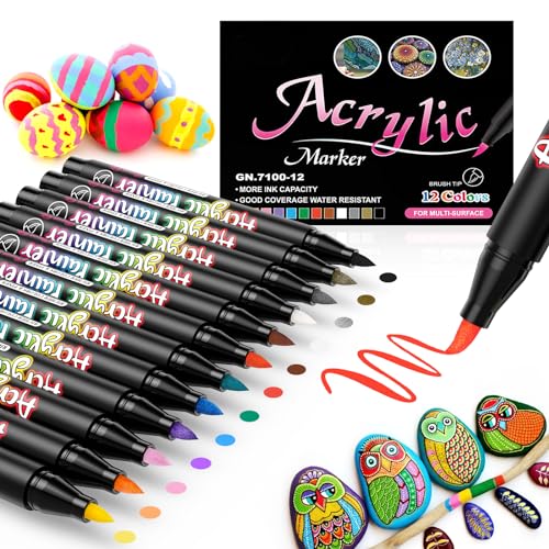 LUZOON Feutre Acrylique, 12 Couleurs Feutre Peinture Marqueur Acrylique Stylo Peintures Permanent Imperm&eacute;ables pour Pierre, Bois, Verre, Plastique, Toile, Pointe Souple de 1 &agrave; 3 mm