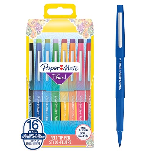 PAPER MATE Stylos feutres Flair - Marqueurs &agrave; pointe moyenne (0,7 mm) - Assortiment de feutres de coloriage - Coloriage (enfants et adultes), journal intime, etc. - 16 unit&eacute;s