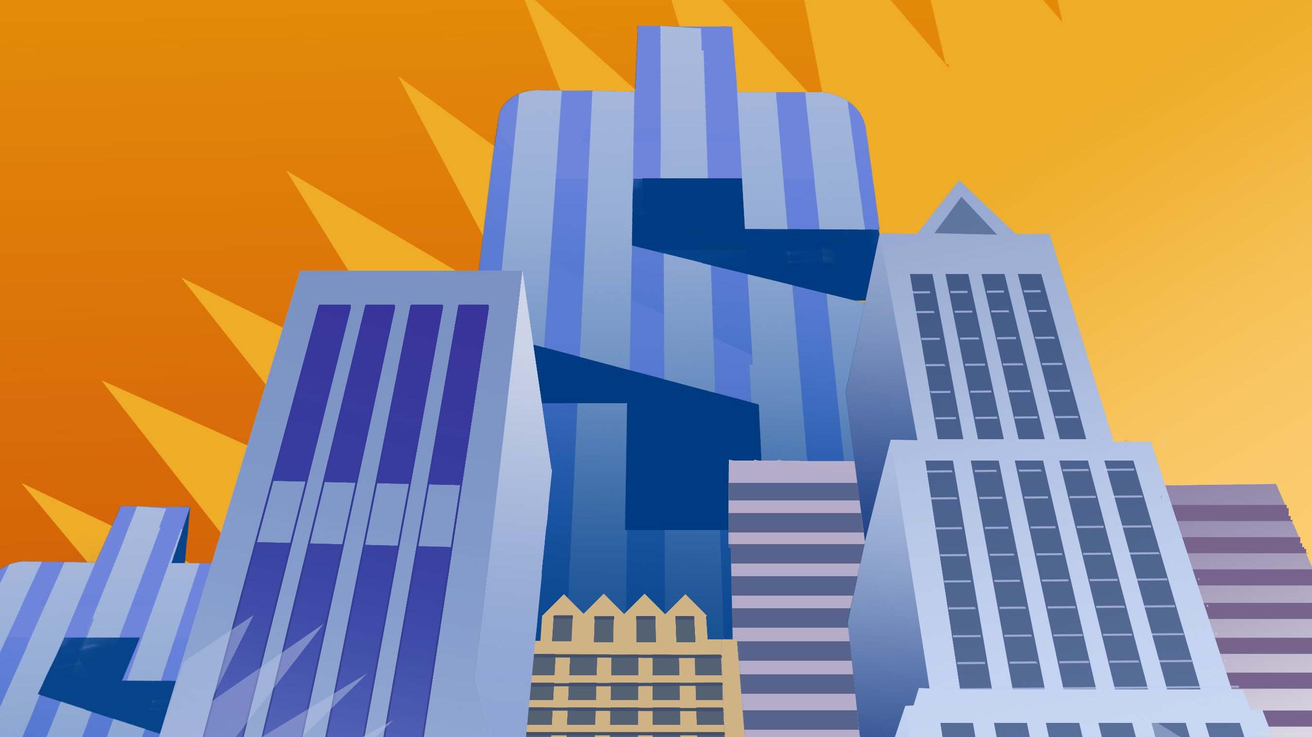 Businessmen in suits heading toward a cityscape of tall buildings in the shape of dollar symbols. A metaphor for big business and high finance,