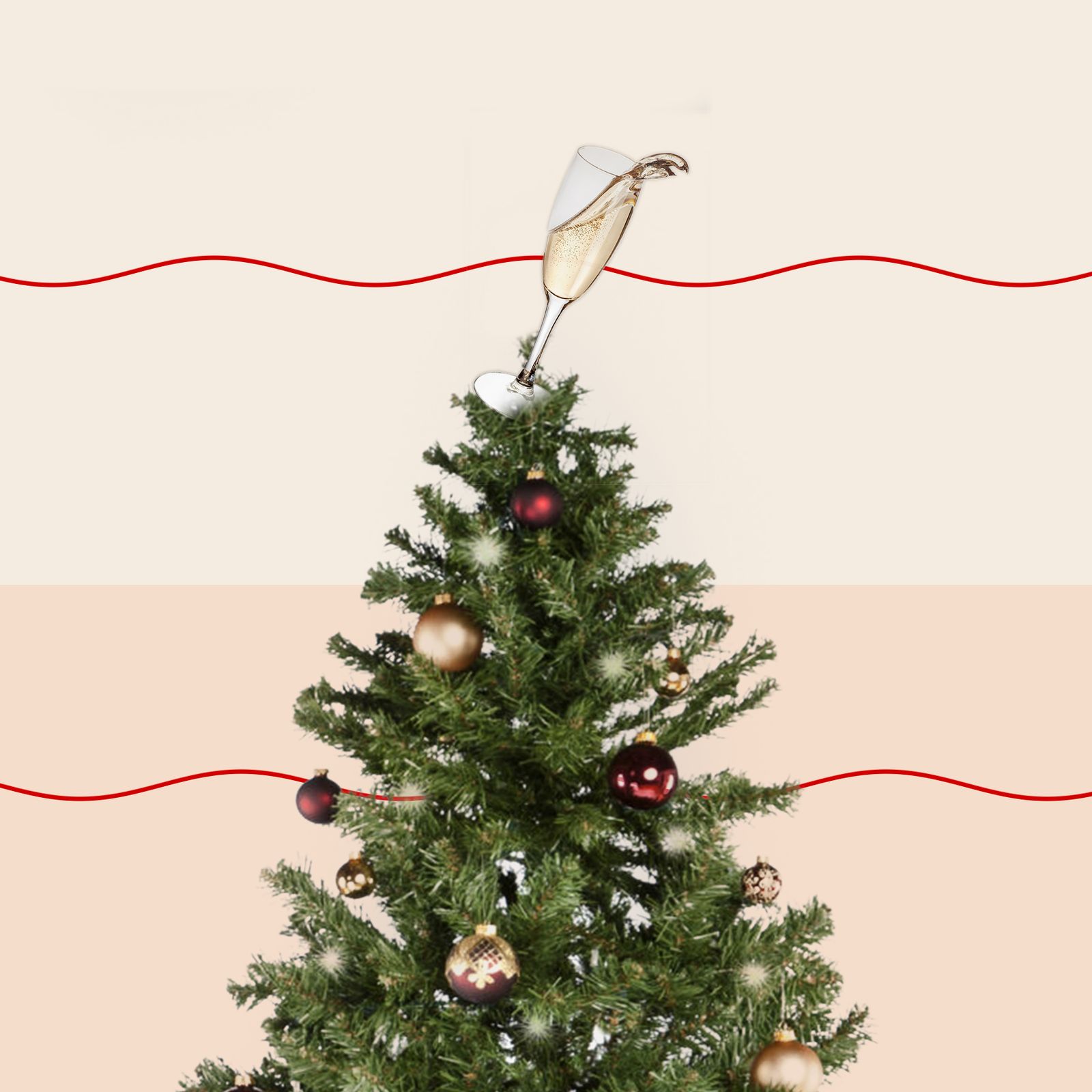 Christmas tree with champagne on top.