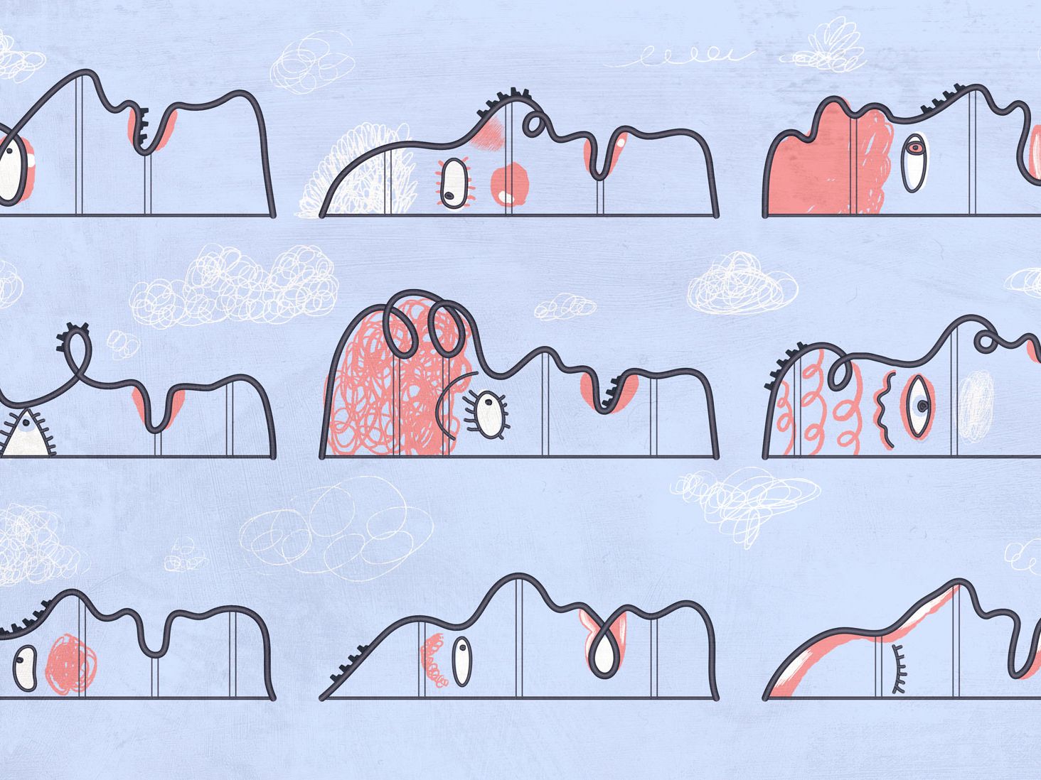 Various faces made of rollercoaster tracks.